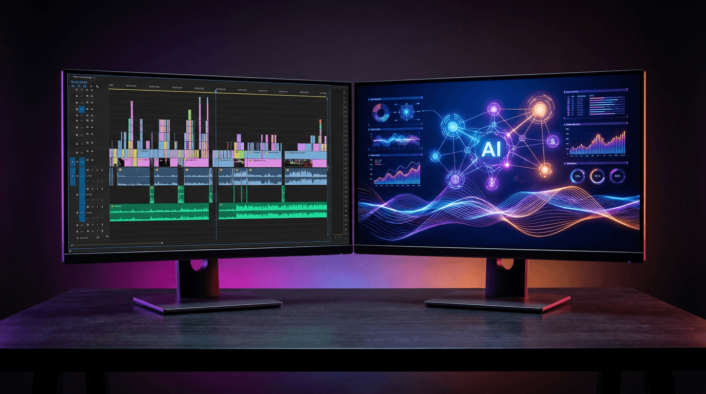 Dois monitores mostrando uma linha do tempo de edição e um painel de inteligência artificial