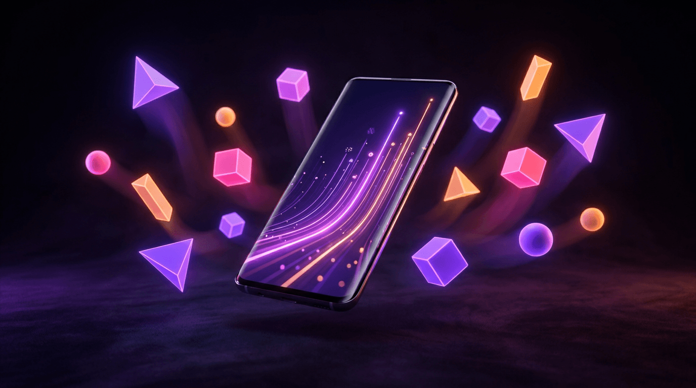 Smartphone com gráfico de crescimento cercado por luzes neon roxas e laranjas
