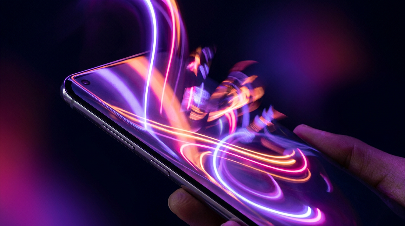 Smartphone exibindo tipografia dinâmica em neon rosa e laranja saindo da tela