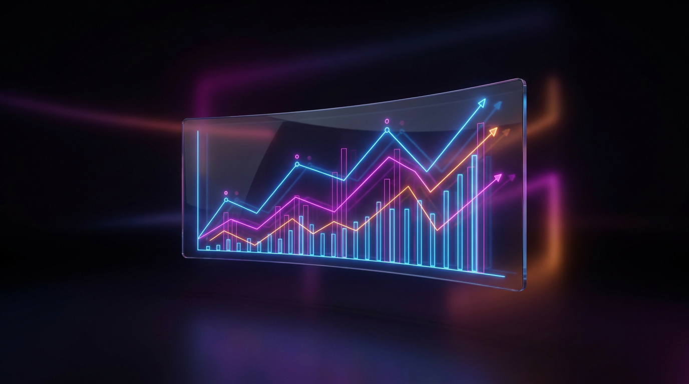 Painel digital flutuante com gráficos de análise de dados em cores neon
