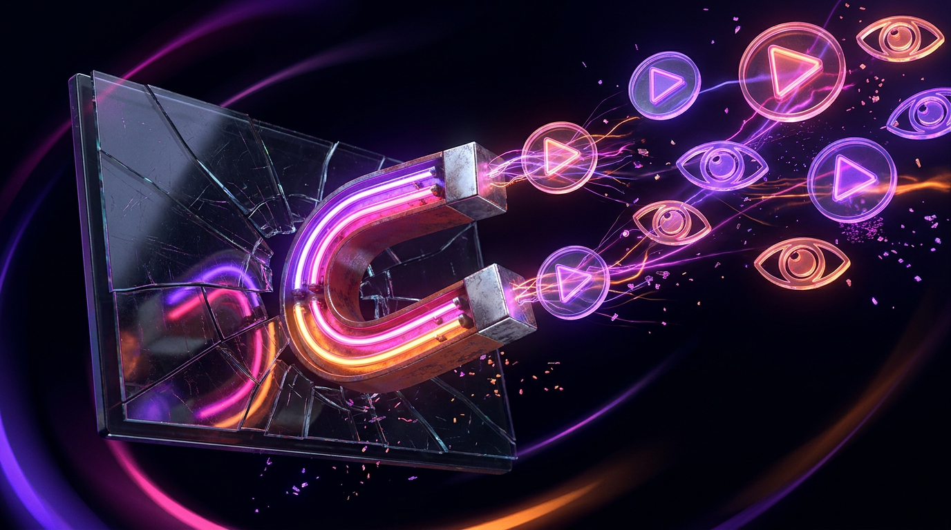 Ilustração 3D de um ímã neon atraindo botões de play em um fundo escuro.