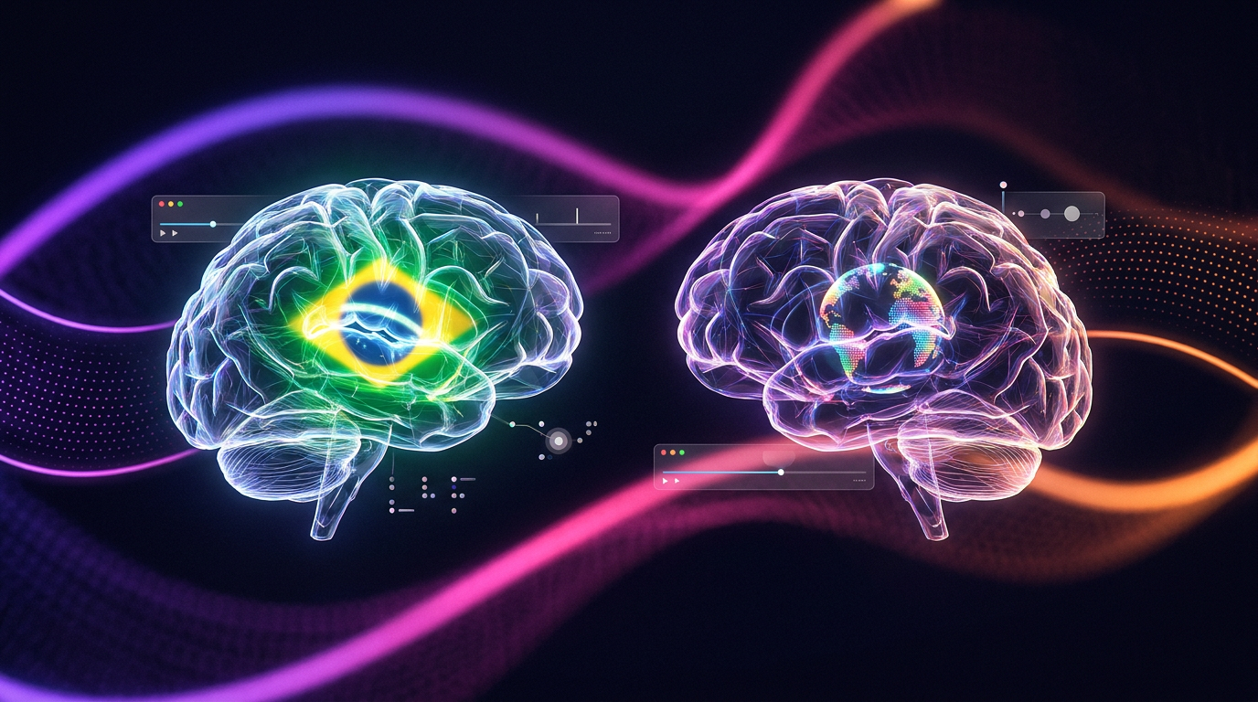 Hologramas de inteligência artificial analisando linhas do tempo de edição de vídeo em um fundo escuro com neon