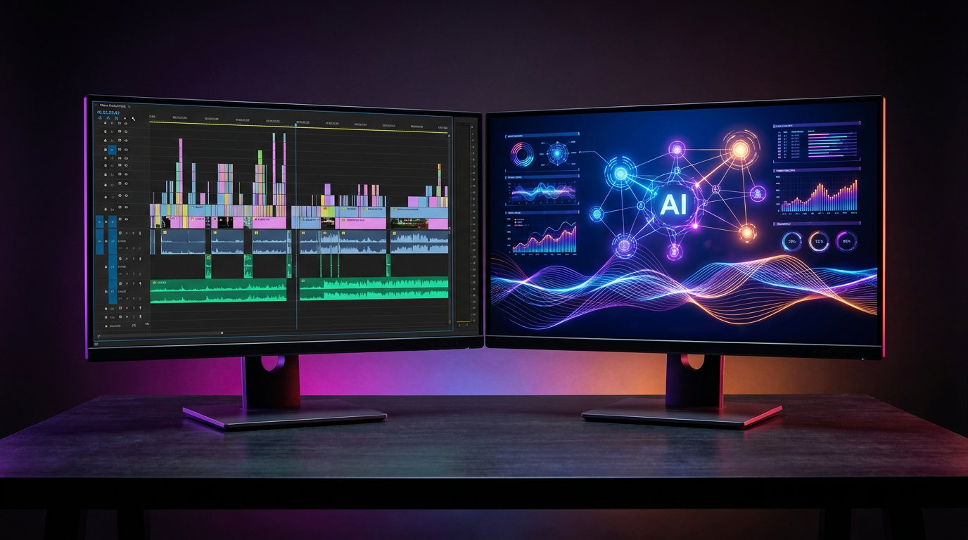 Dois monitores mostrando uma linha do tempo de edição e um painel de inteligência artificial