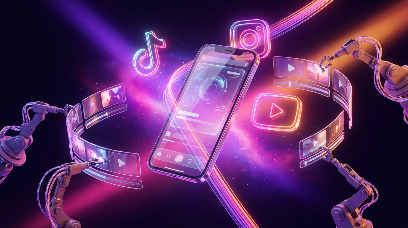 Smartphone com ícones flutuantes de redes sociais e braços robóticos editando vídeos curtos