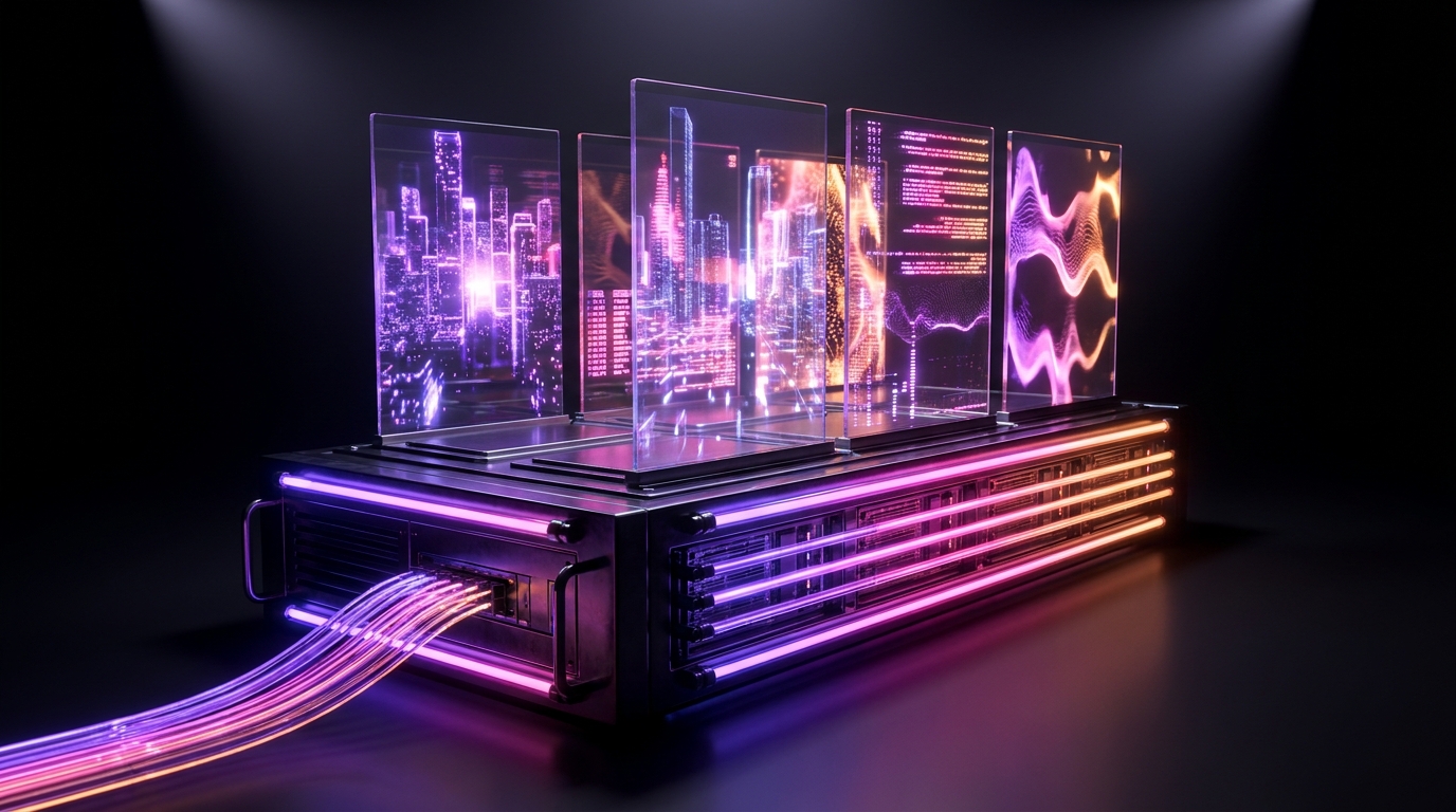 Servidor holográfico processando vídeos verticais com luzes neon em fundo escuro