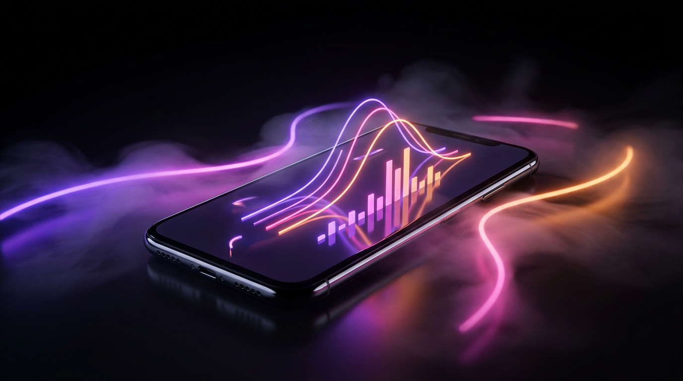 Smartphone com gráficos de crescimento em fundo escuro com luzes neon