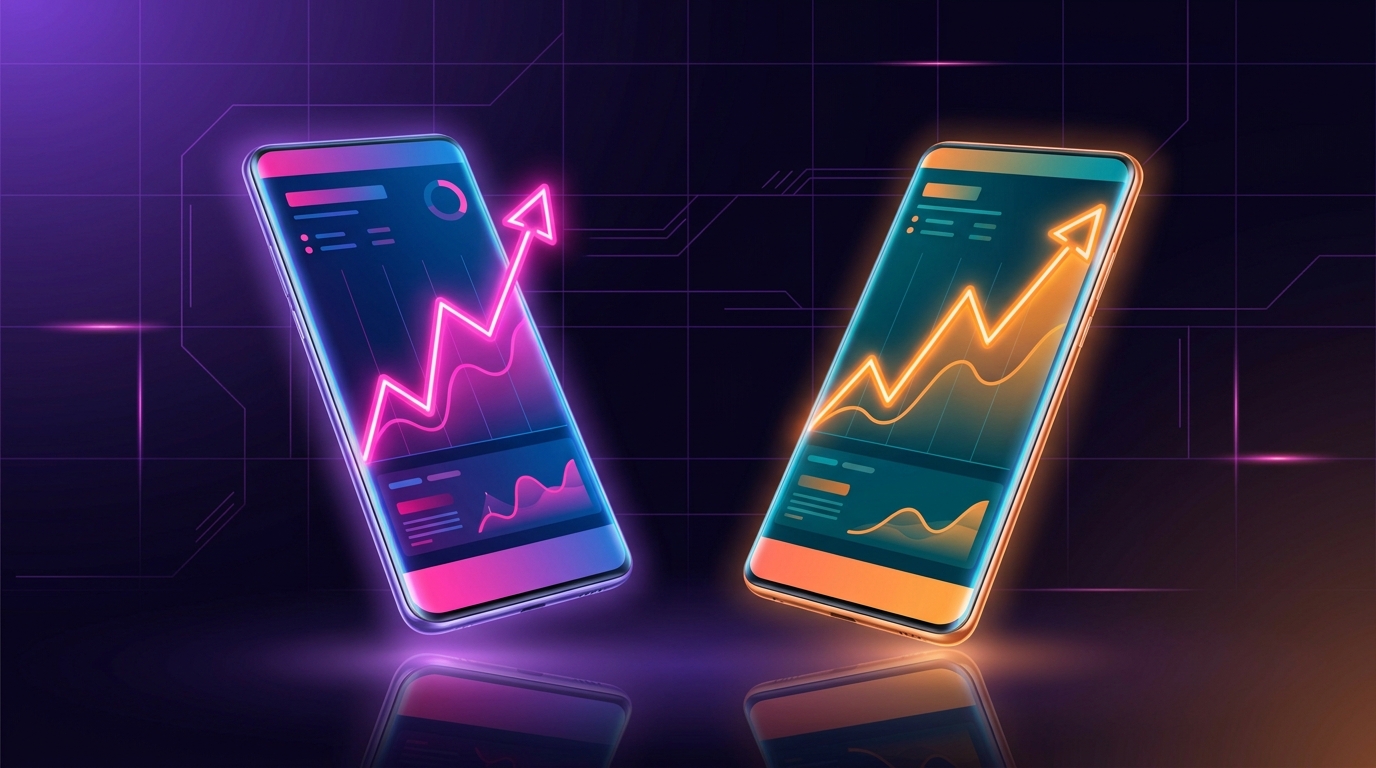 Dois smartphones lado a lado exibindo gráficos de retenção em teste A/B