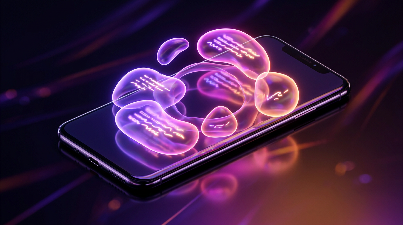 Smartphone com bolhas de tradução flutuantes em fundo escuro com iluminação neon