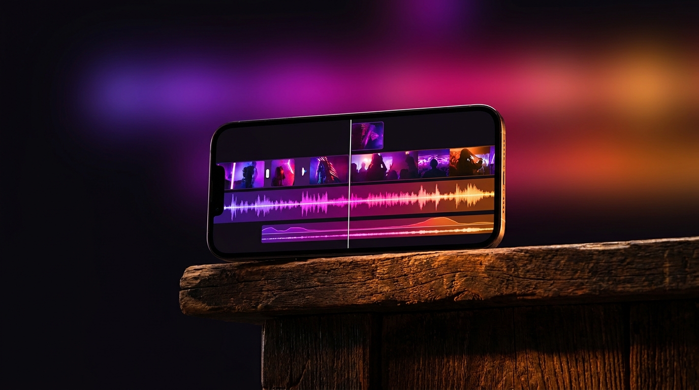 Smartphone exibindo linha do tempo de edição de vídeo sobre um púlpito de madeira.