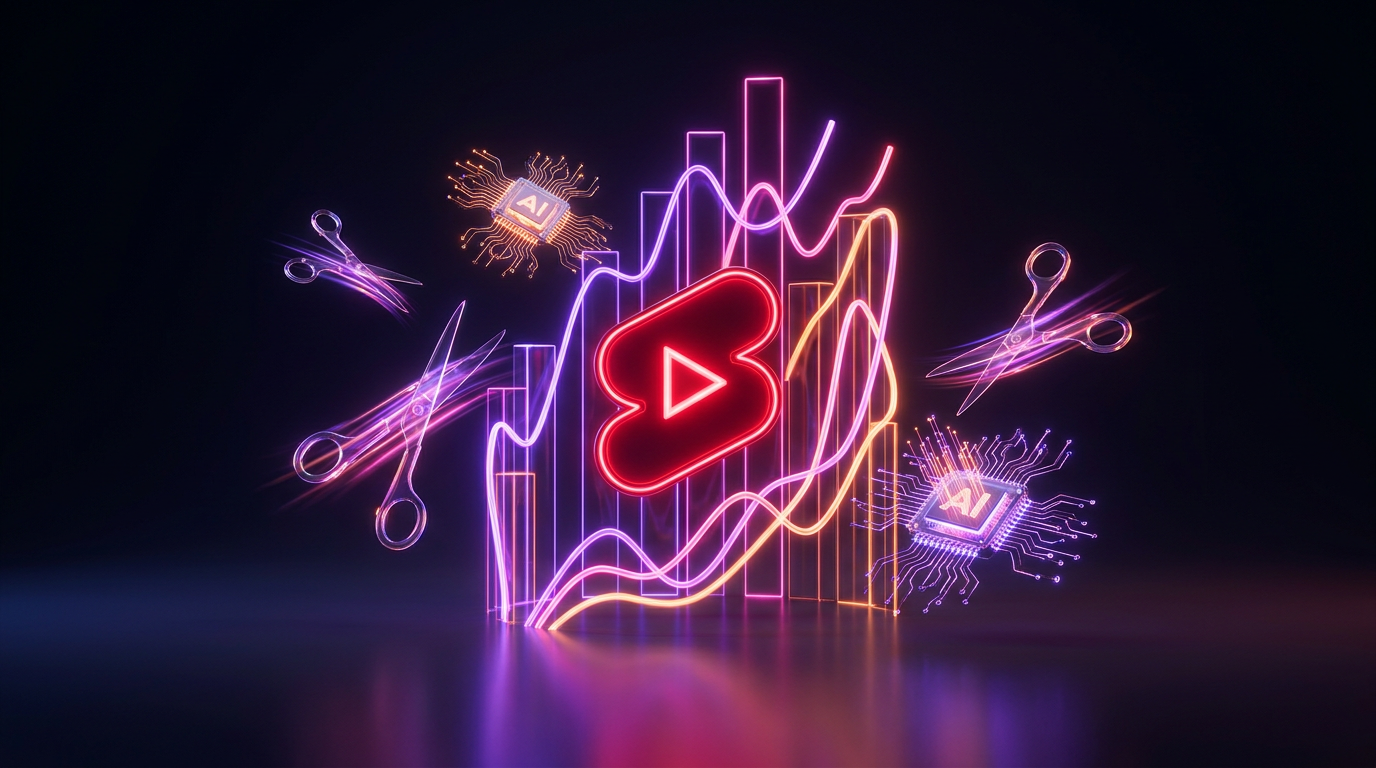 Logo do YouTube Shorts cercado por gráficos de crescimento e tesouras neon.