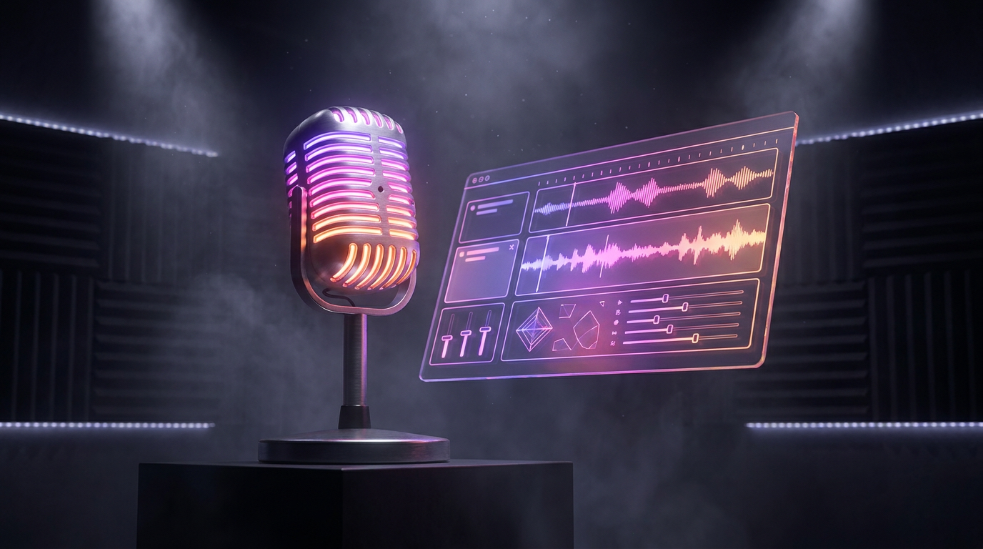 Microfone iluminado por neon com interface de edição flutuante