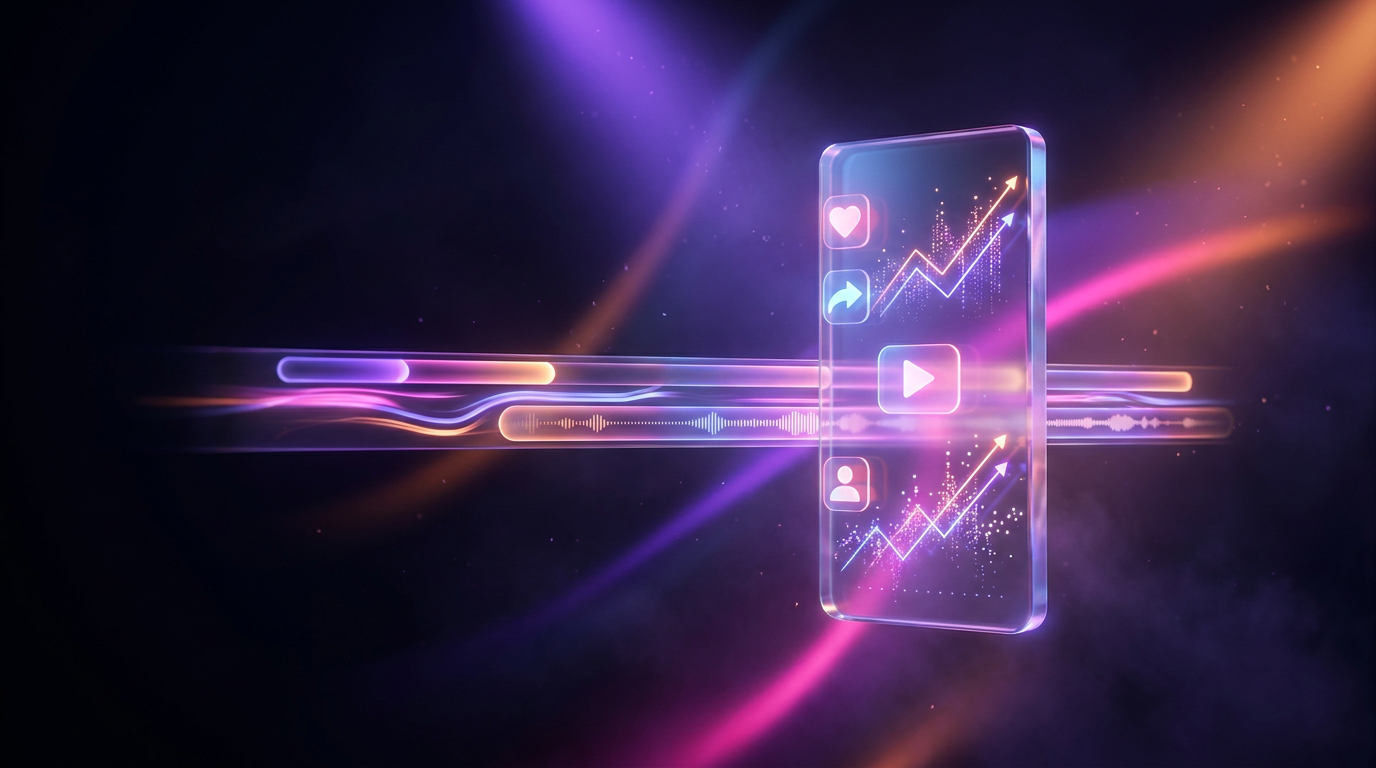 Interface abstrata de edição de vídeo e smartphone com métricas em neon