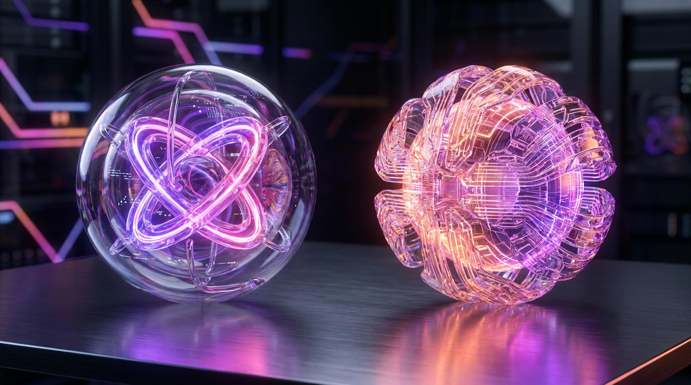Dois núcleos de IA brilhantes em uma mesa escura com luzes neon.