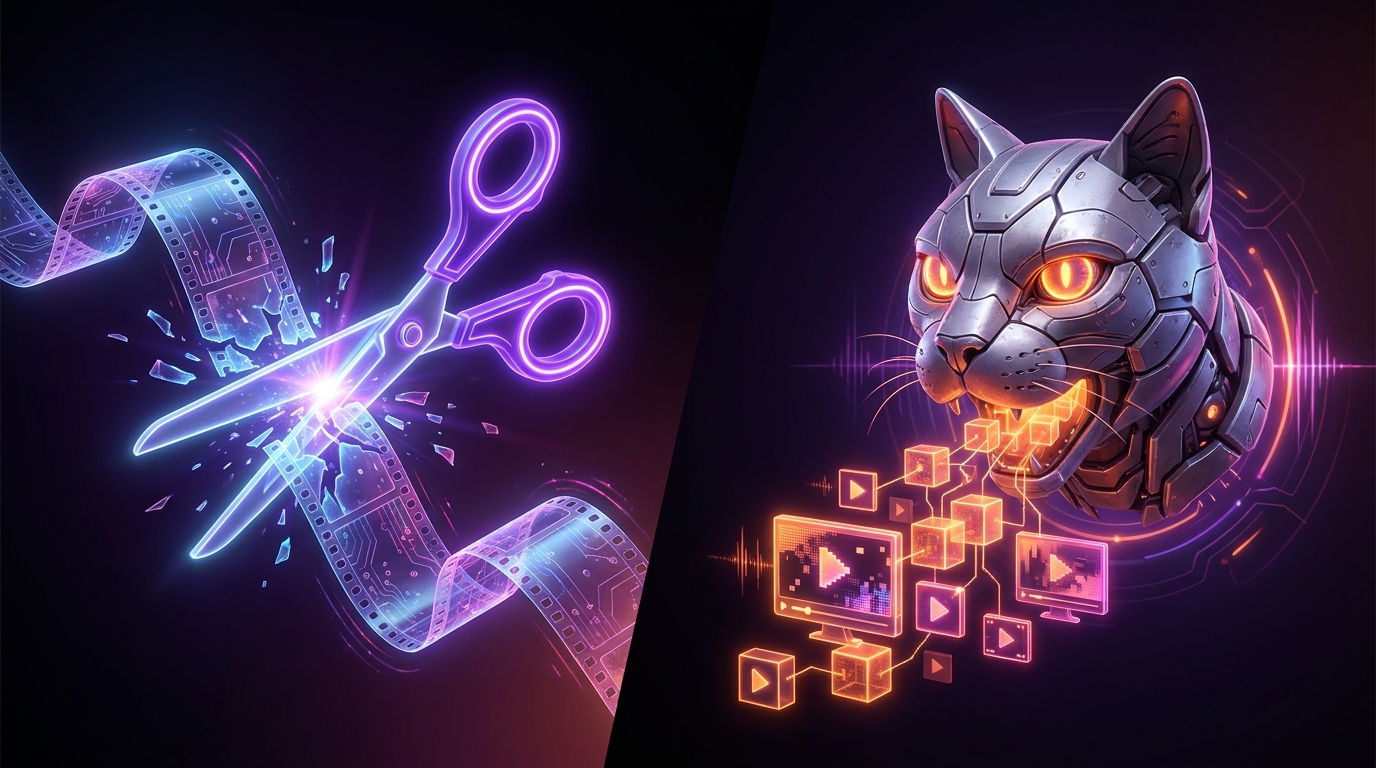 Ilustração dividida comparando uma tesoura neon e um gato robótico gerando vídeos.
