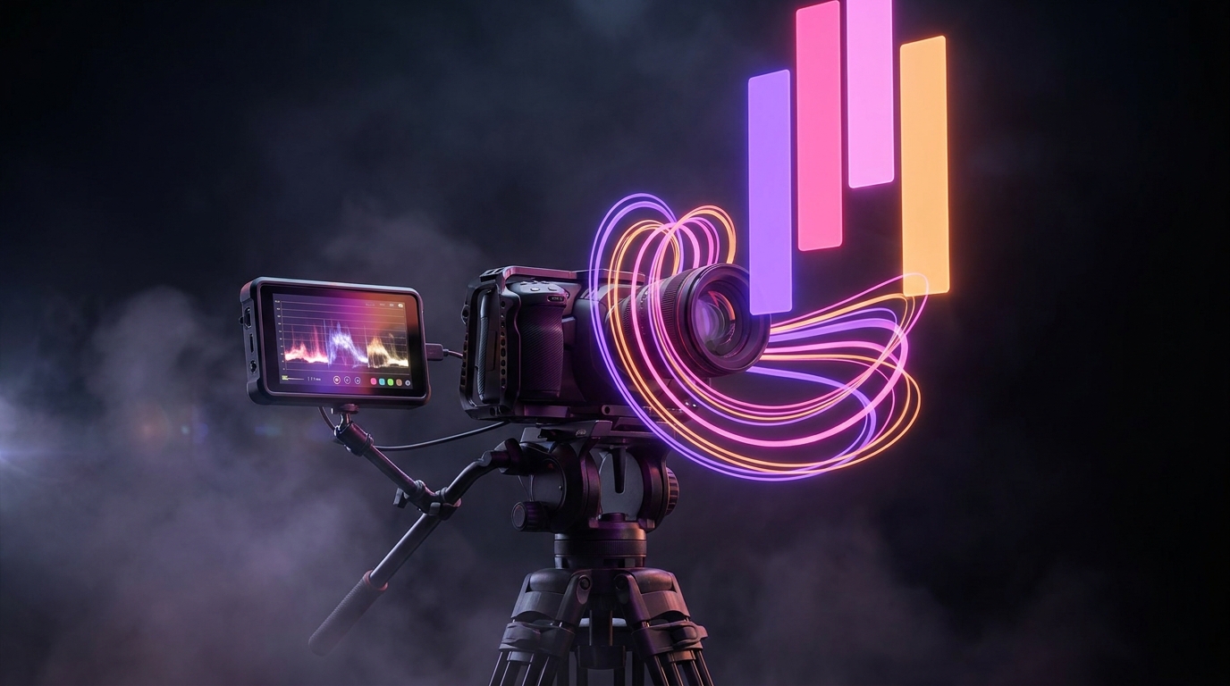 Câmera de podcast em estúdio com luzes neon e retângulos verticais brilhantes.
