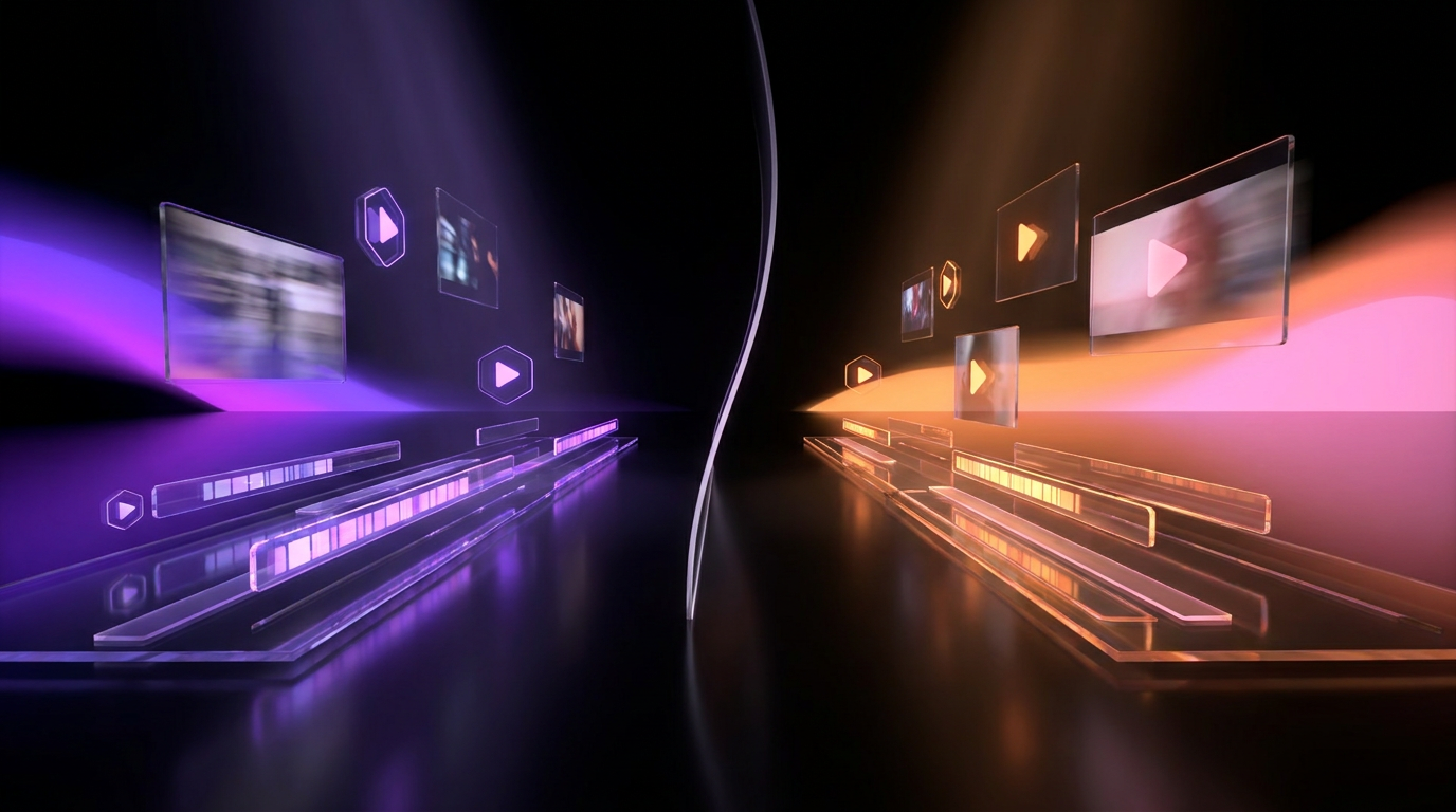 Comparativo visual abstrato de edição de vídeo com IA em tons neon