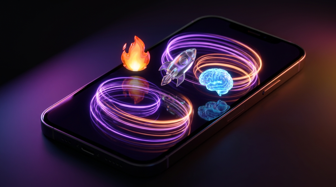 Smartphone exibindo emojis em 3D flutuantes com iluminação neon roxa e laranja