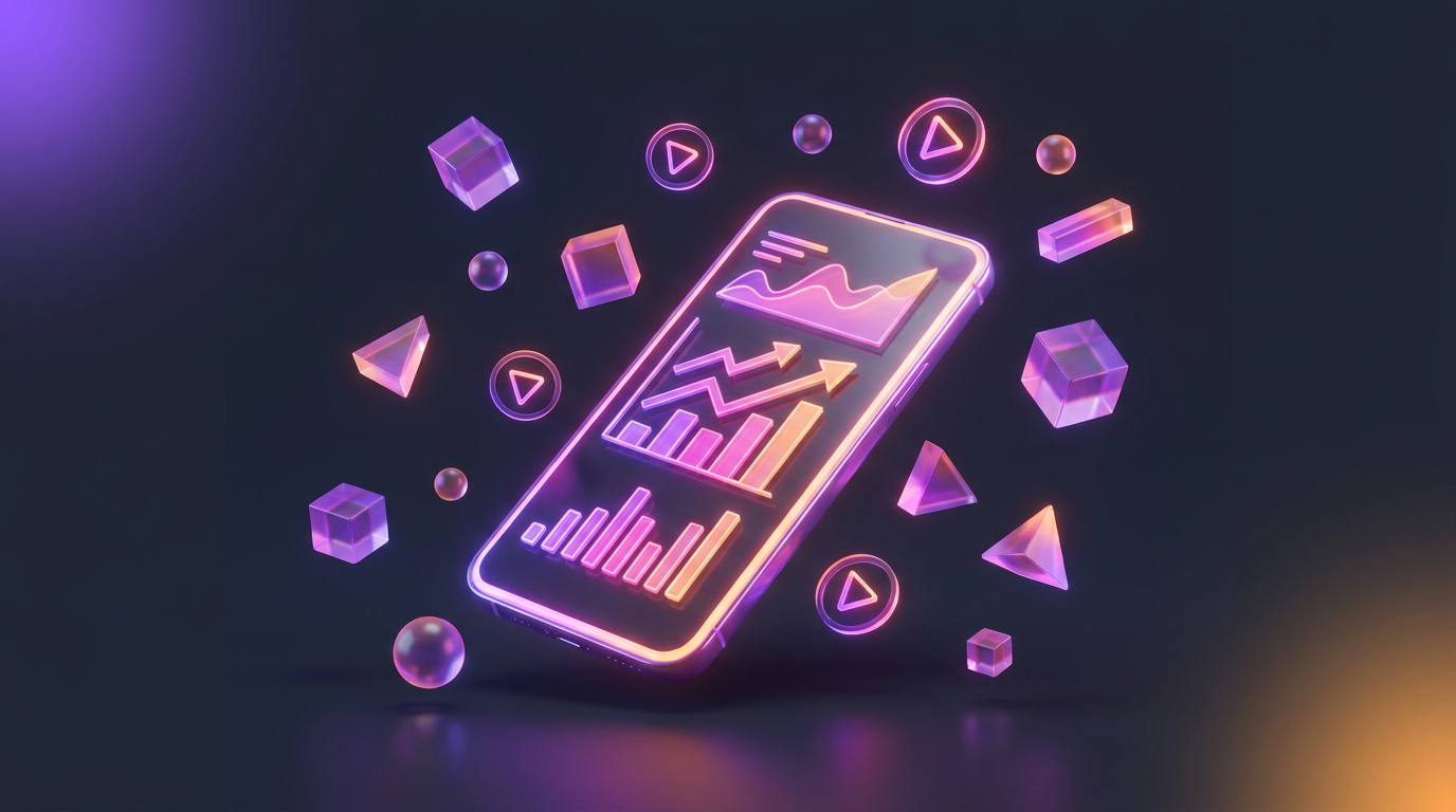 Smartphone com gráficos de crescimento e ícones de vídeo neon