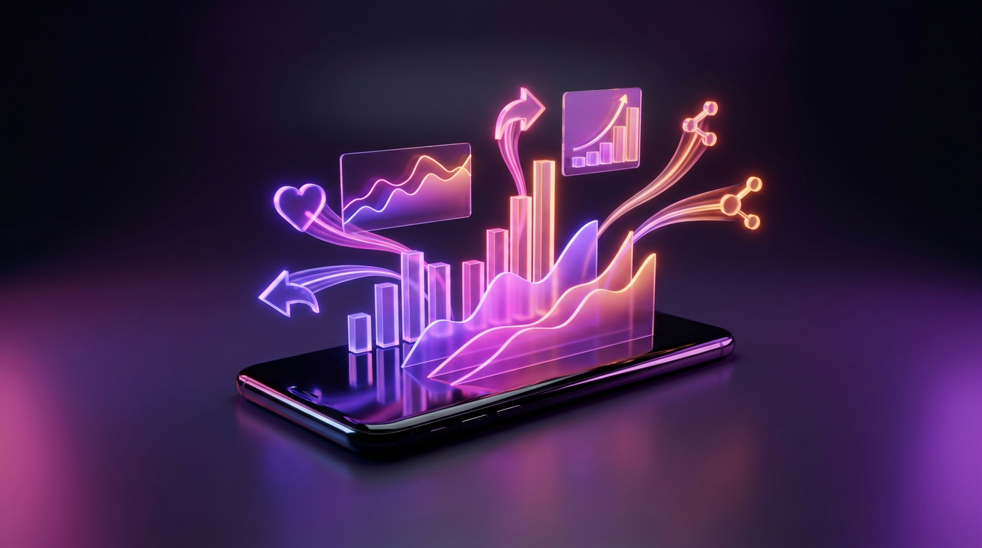 Gráficos neon brilhantes e métricas saindo de um smartphone em fundo escuro