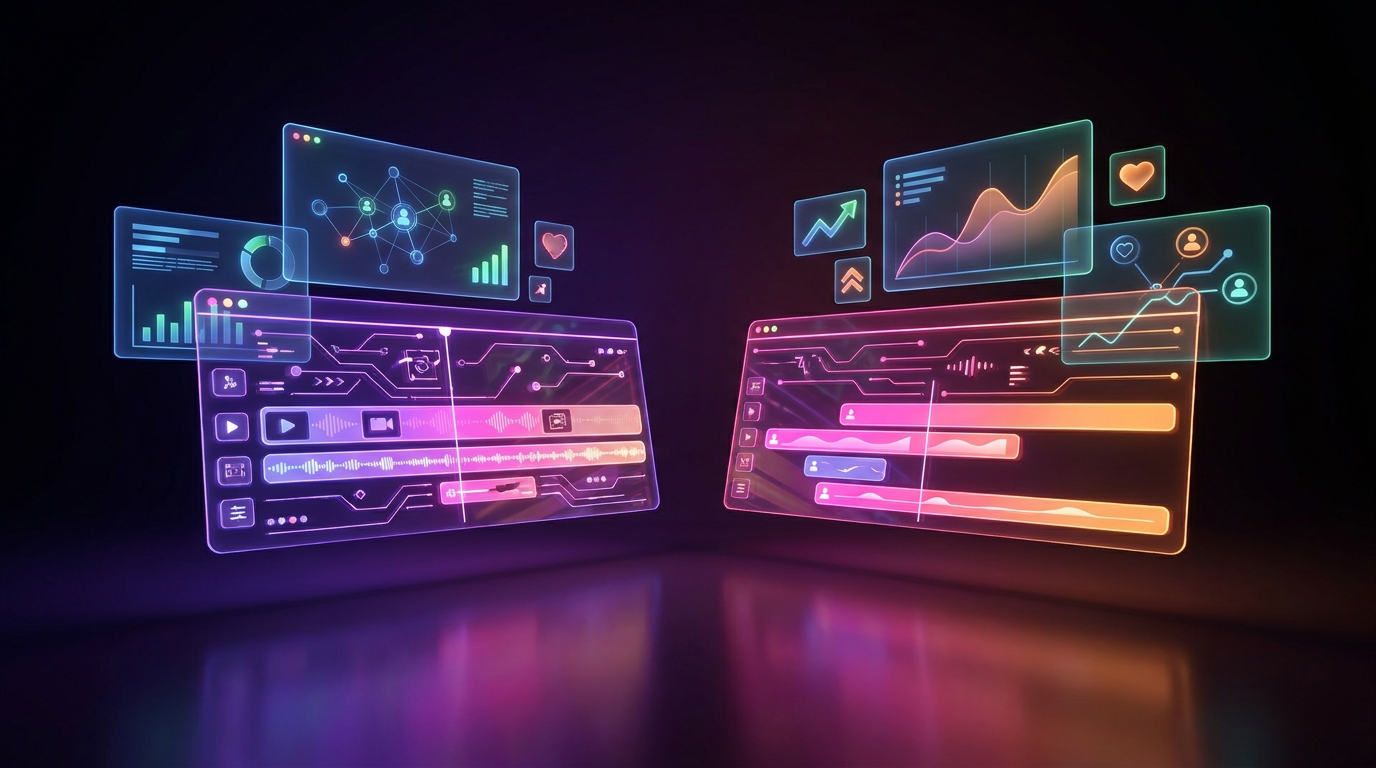 Ilustração 3D de telas holográficas de edição de vídeo com neon roxo e laranja